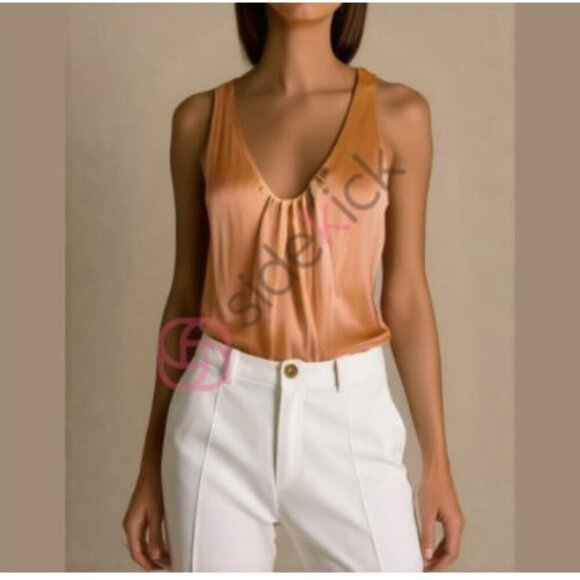 Sexy Y2K Banana Republic Sleeveless Top Gathered Plunging Neckline in Coral - Picture 4 of 16